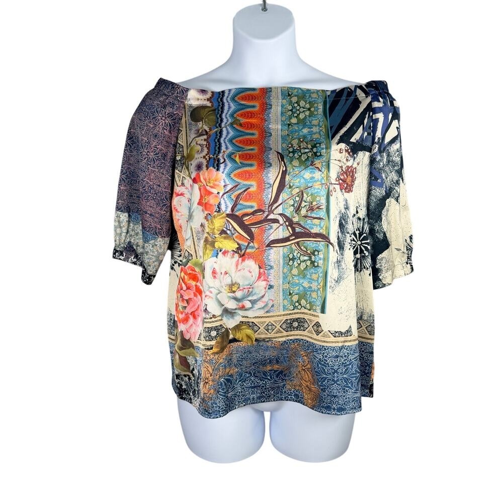 Chico's Top 1 Floral Botanical Off Shoulder Scarf-inspired Bright Artsy